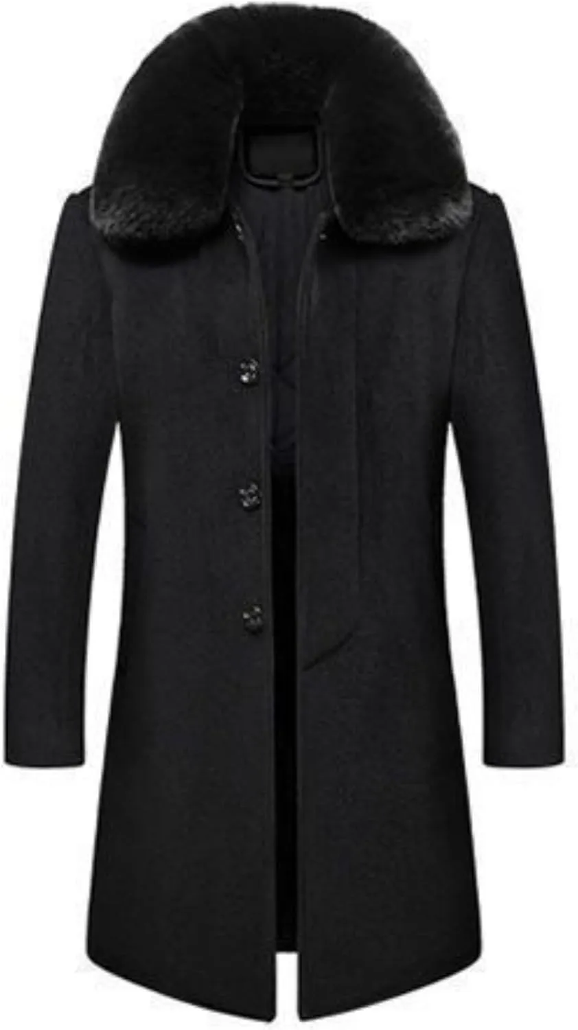 Men's Winter Single Breasted Trench Overcoat Removable Faux Fur Collar Coat Warm Business Long Pea Coat Outwear