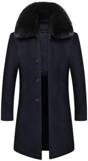 Men's Winter Single Breasted Trench Overcoat Removable Faux Fur Collar Coat Warm Business Long Pea Coat Outwear