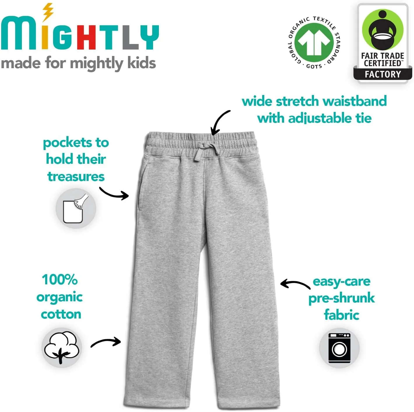 Mightly Girls' Cozy Wide Leg Pants | Organic Cotton Soft Fleece Sweatpants, Comfy Stretch Waistband, Fair Trade Certified