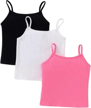 Milumia Girl's 3 Pack Ribbed Knit Camisoles Spaghetti Strap Basic Crop Cami Tops