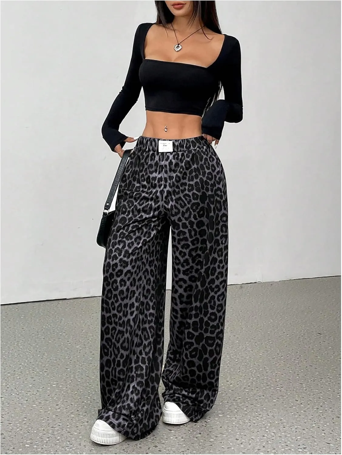 Milumia Women's Leopard Elastic Waist Sweatpants Straight Wide Leg Pant Trousers