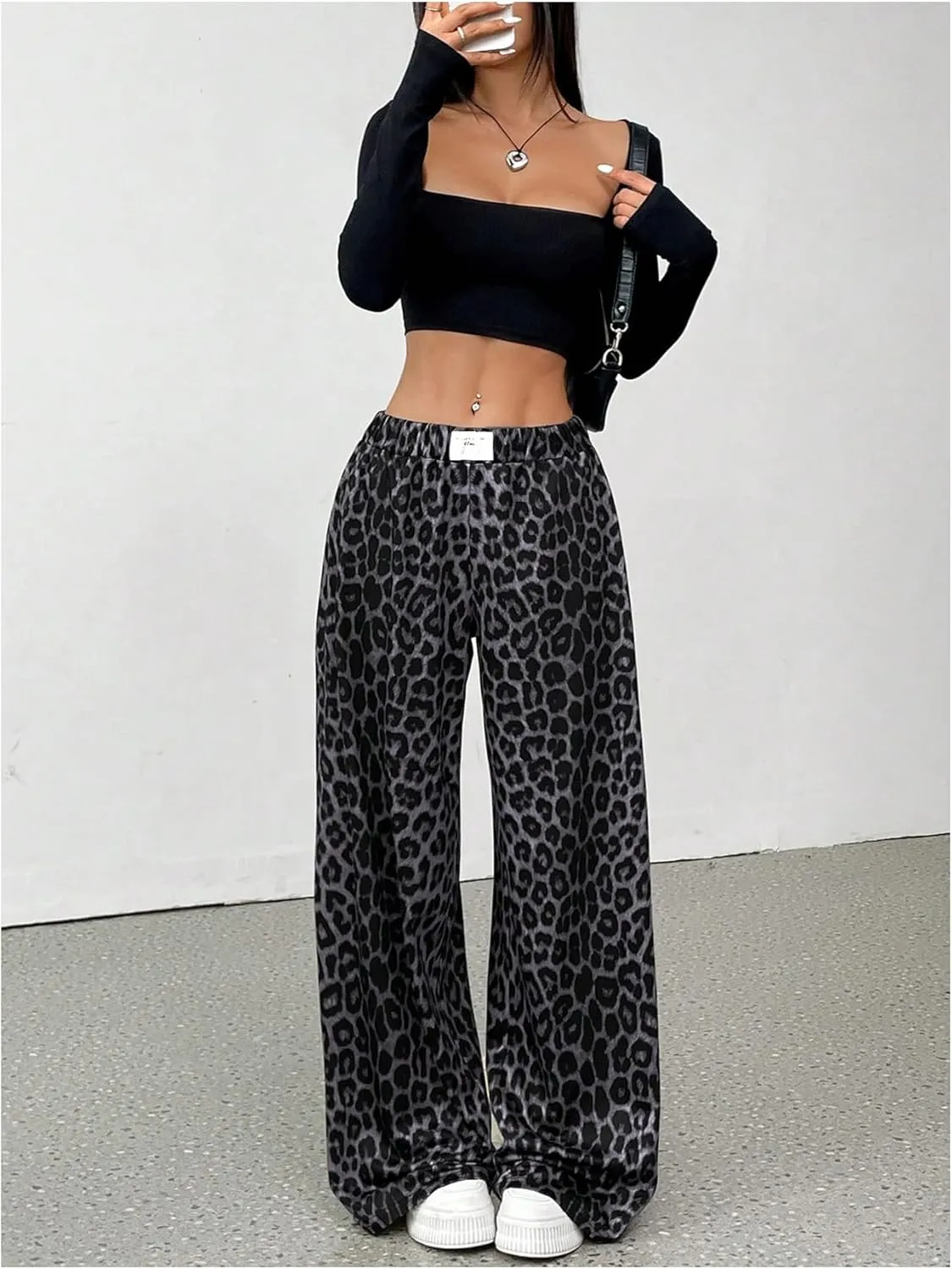 Milumia Women's Leopard Elastic Waist Sweatpants Straight Wide Leg Pant Trousers