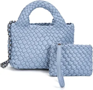 Mini Women's Handmade Woven Tote with Small Wallet Small Size Fashion Bright Color Vegan Leather Casual Tramp Crossbody Bag