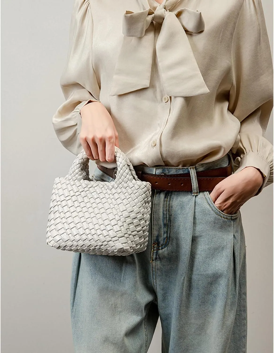 Mini Women's Handmade Woven Tote with Small Wallet Small Size Fashion Bright Color Vegan Leather Casual Tramp Crossbody Bag