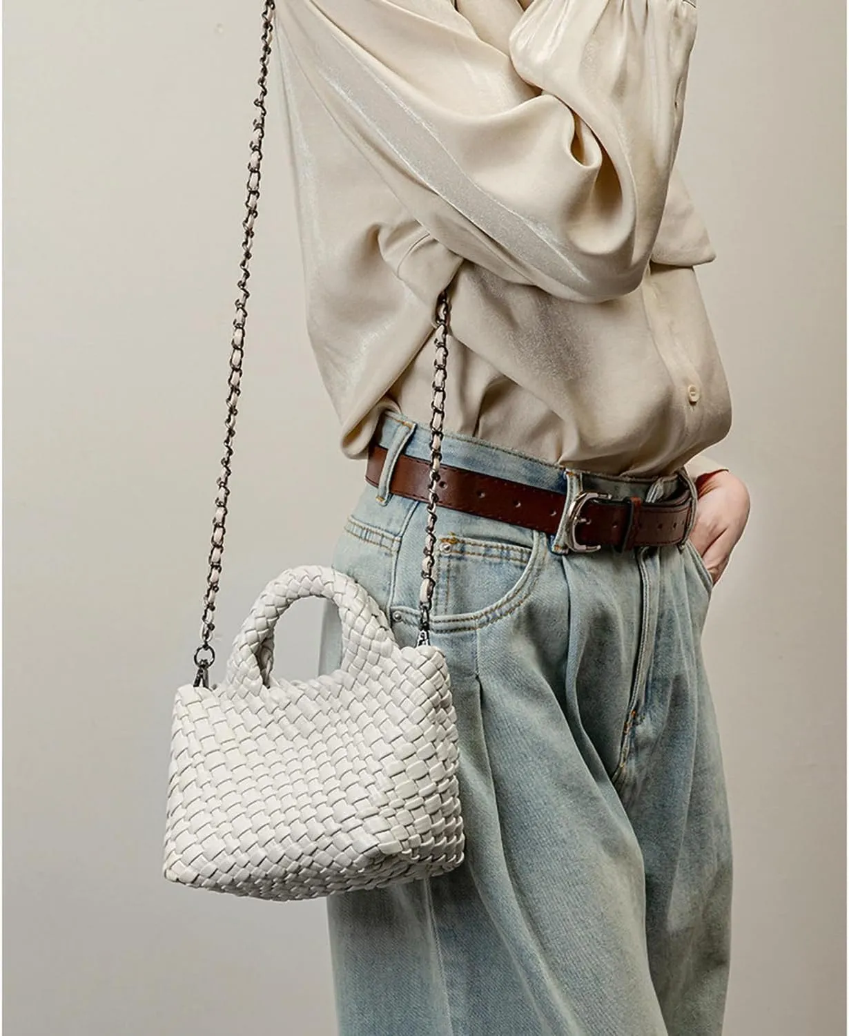 Mini Women's Handmade Woven Tote with Small Wallet Small Size Fashion Bright Color Vegan Leather Casual Tramp Crossbody Bag