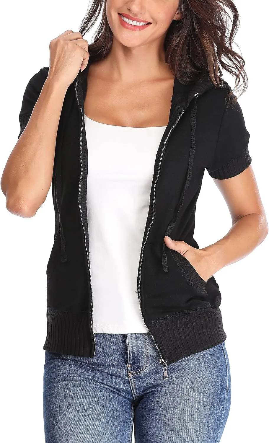 MISS MOLY Women Short Sleeves Hoodie Jacket Full Zip Up Lightweight Sweatshirt Casual