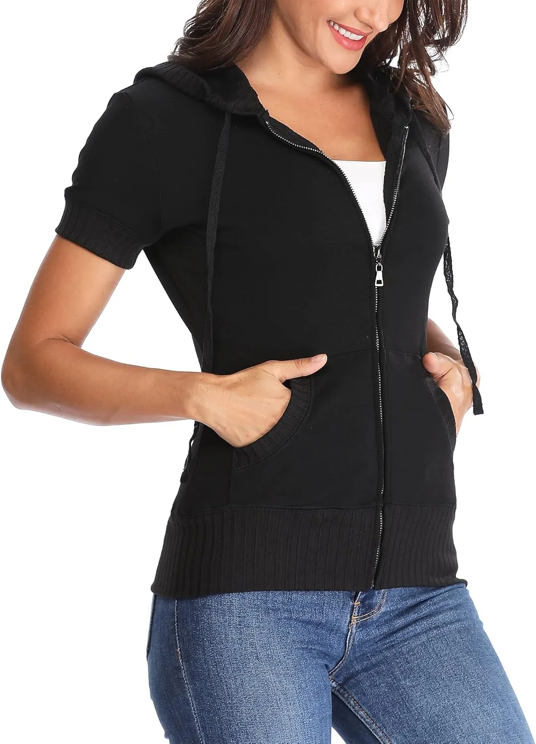 MISS MOLY Women Short Sleeves Hoodie Jacket Full Zip Up Lightweight Sweatshirt Casual