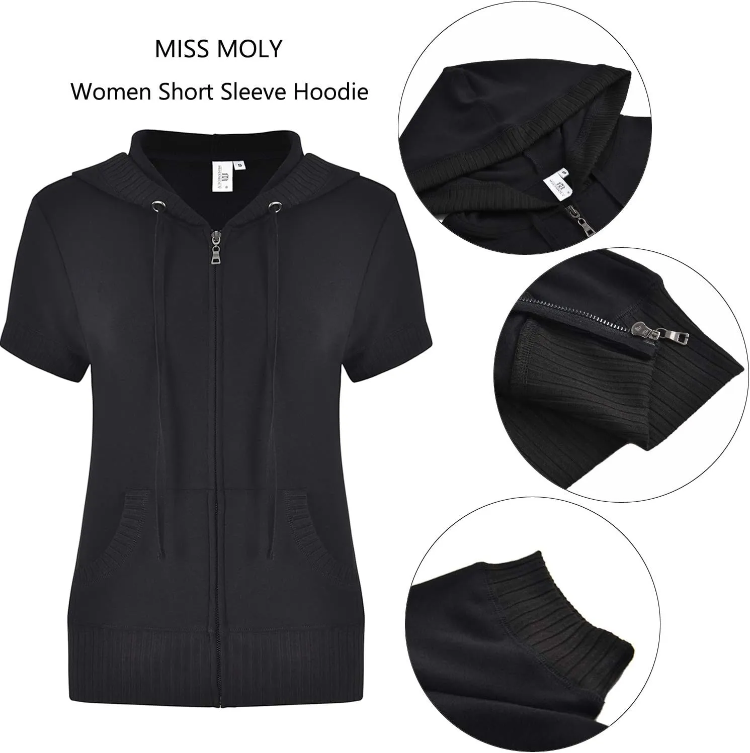 MISS MOLY Women Short Sleeves Hoodie Jacket Full Zip Up Lightweight Sweatshirt Casual