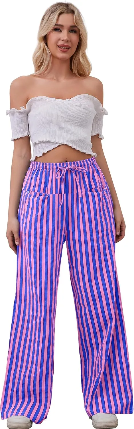 MISSACTIVER Women Drawstring Striped Pants Loose Wide Leg Trousers Casual Low Waist Pants Comfy Lounge Pants with Pockets