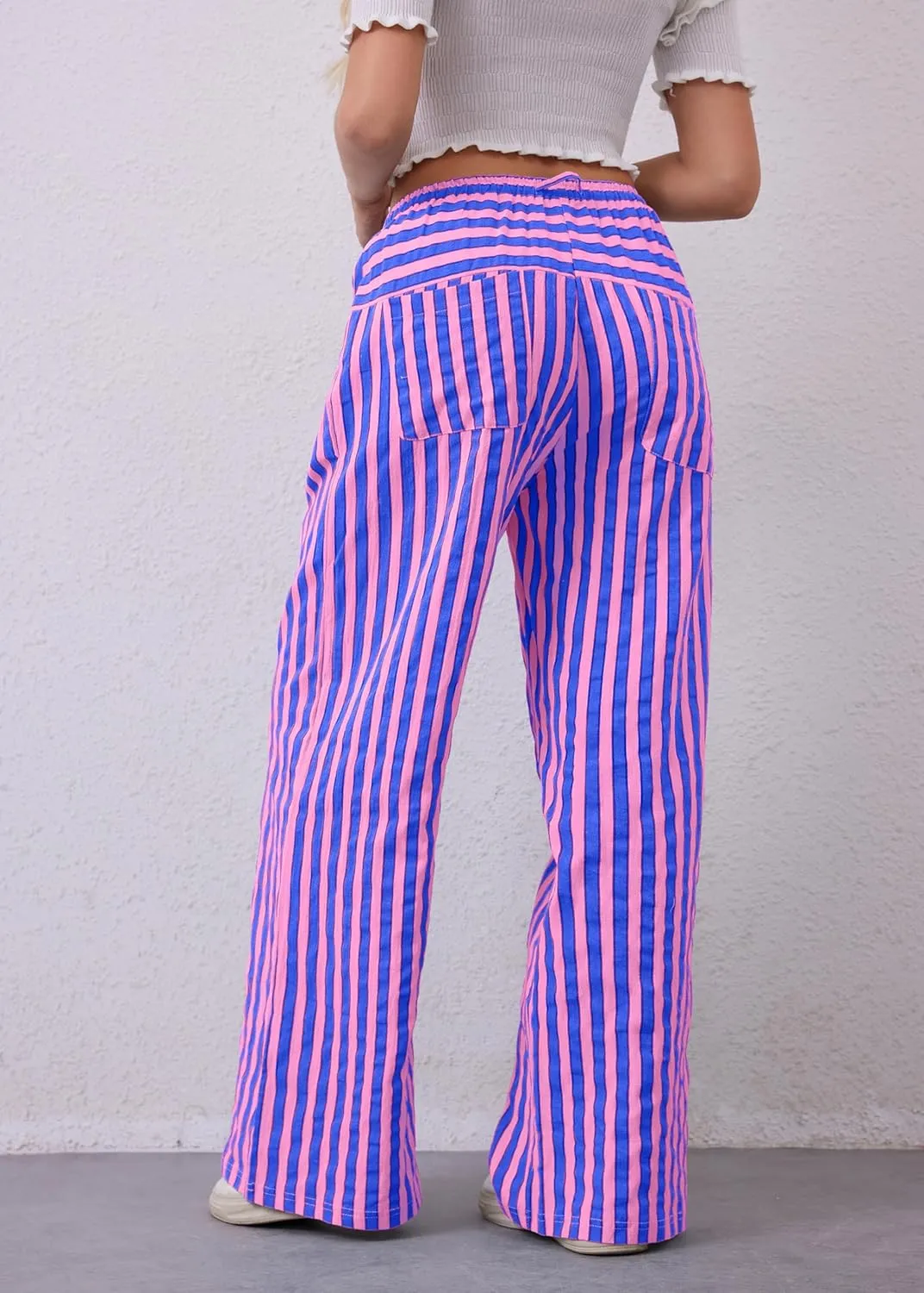 MISSACTIVER Women Drawstring Striped Pants Loose Wide Leg Trousers Casual Low Waist Pants Comfy Lounge Pants with Pockets