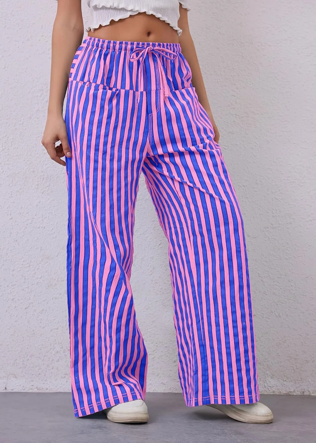MISSACTIVER Women Drawstring Striped Pants Loose Wide Leg Trousers Casual Low Waist Pants Comfy Lounge Pants with Pockets
