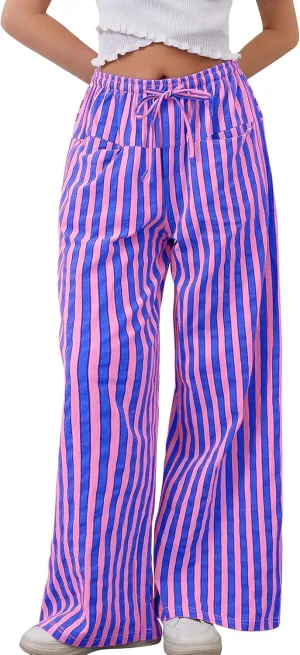 MISSACTIVER Women Drawstring Striped Pants Loose Wide Leg Trousers Casual Low Waist Pants Comfy Lounge Pants with Pockets