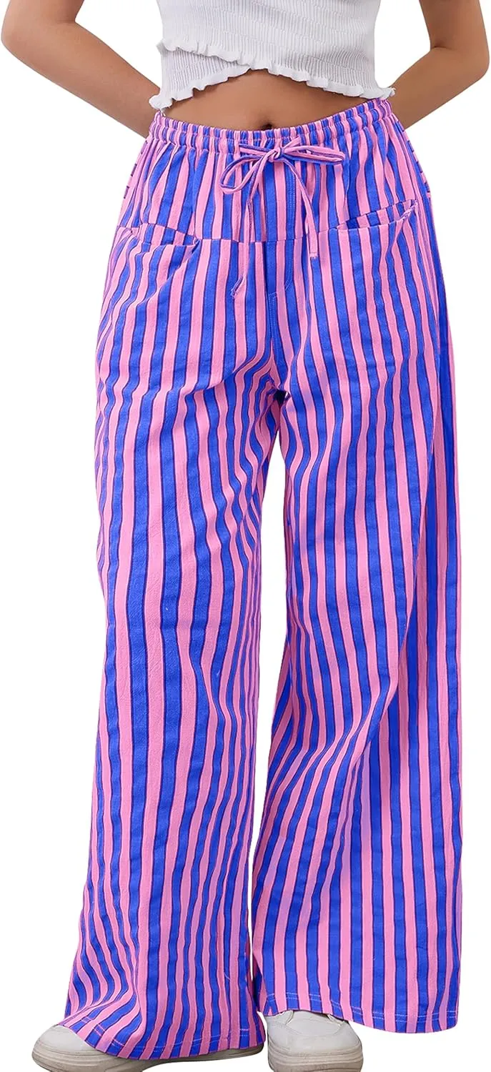 MISSACTIVER Women Drawstring Striped Pants Loose Wide Leg Trousers Casual Low Waist Pants Comfy Lounge Pants with Pockets
