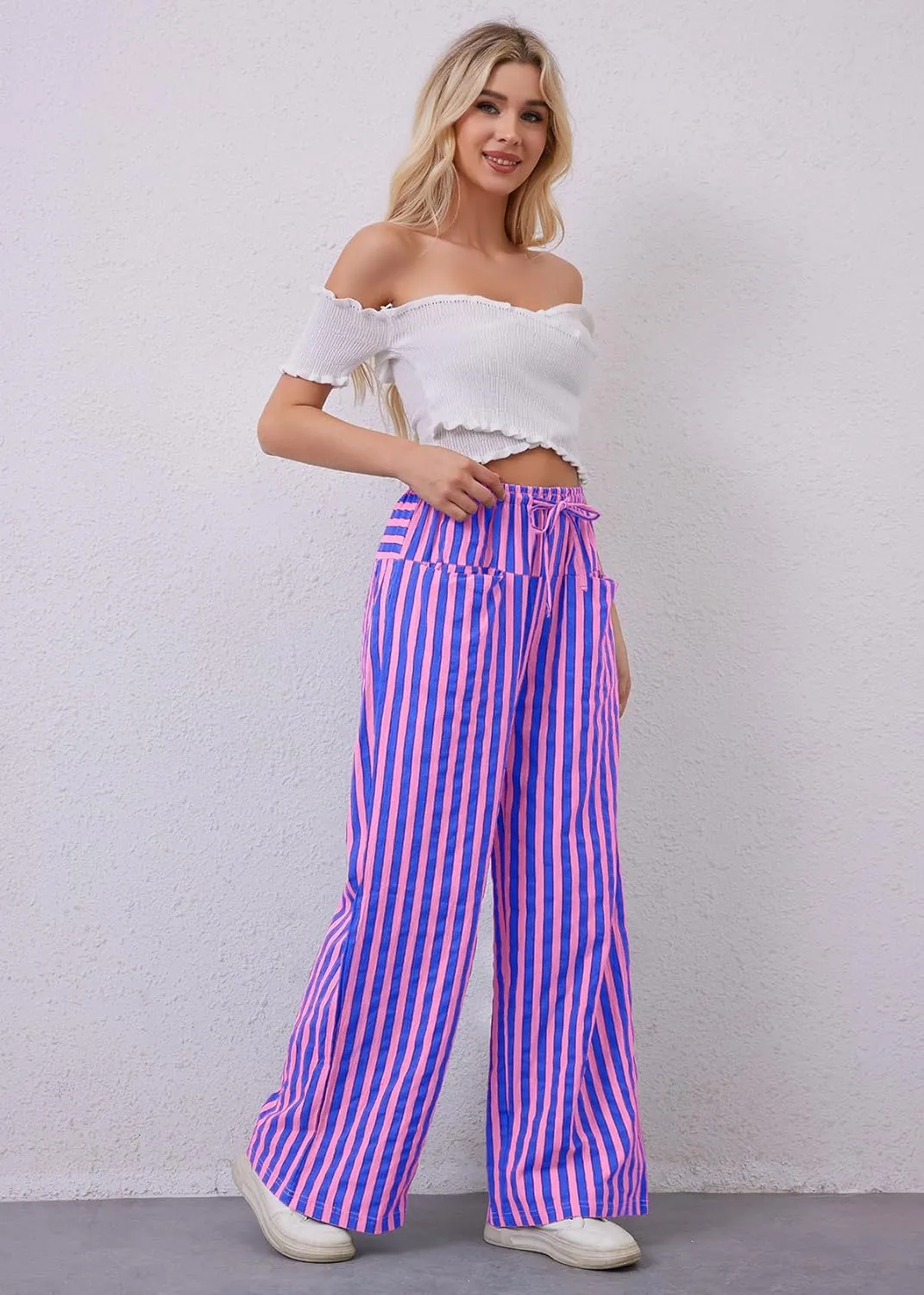 MISSACTIVER Women Drawstring Striped Pants Loose Wide Leg Trousers Casual Low Waist Pants Comfy Lounge Pants with Pockets