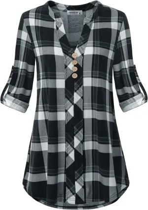 MOQIVGI Womens Roll Tab Sleeve V Neck Plaid Shirts Trendy Casual Checkered Blouse Tops