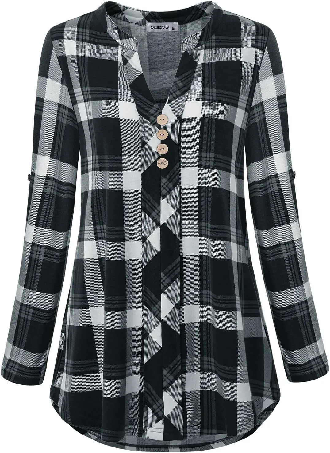 MOQIVGI Womens Roll Tab Sleeve V Neck Plaid Shirts Trendy Casual Checkered Blouse Tops