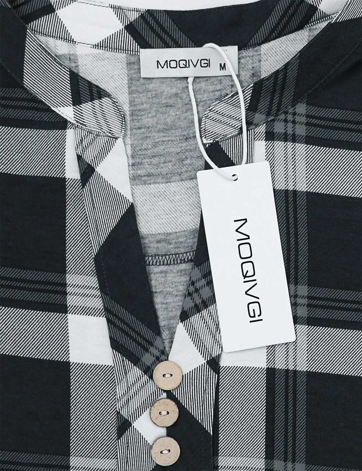 MOQIVGI Womens Roll Tab Sleeve V Neck Plaid Shirts Trendy Casual Checkered Blouse Tops