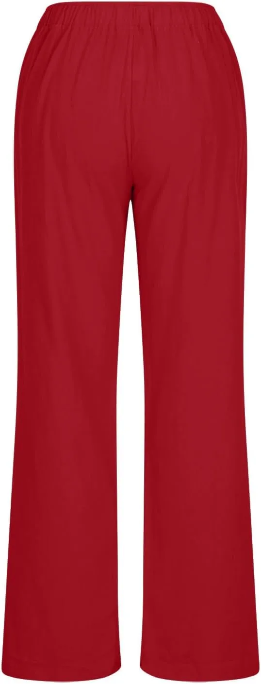 MRGIINRI Linen Pants for Women Summer 2024 Casual Drawstring Elastic Waist Long Wide Leg Pant Lounge Trousers with Pockets