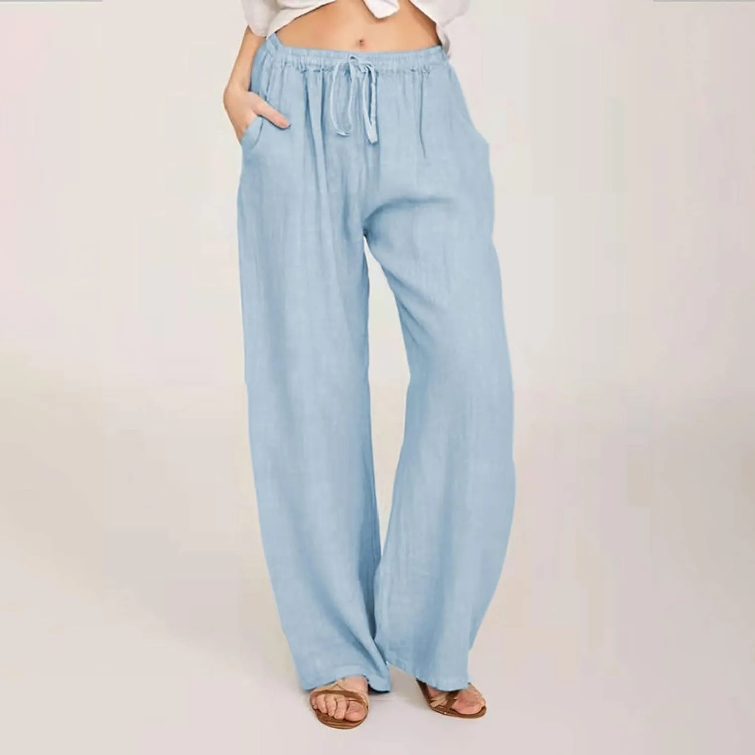 MRGIINRI Linen Pants for Women Summer 2024 Casual Drawstring Elastic Waist Long Wide Leg Pant Lounge Trousers with Pockets