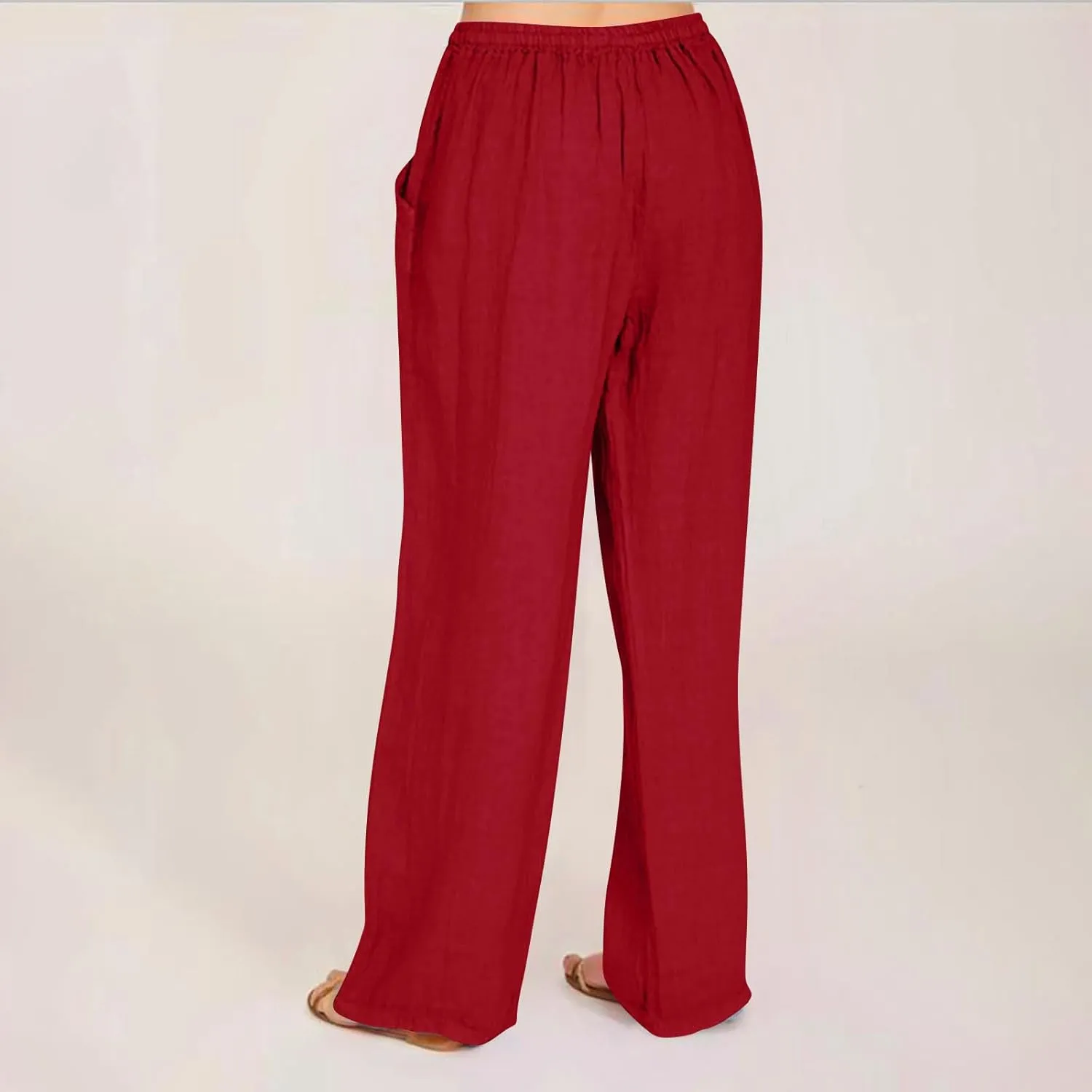 MRGIINRI Linen Pants for Women Summer 2024 Casual Drawstring Elastic Waist Long Wide Leg Pant Lounge Trousers with Pockets