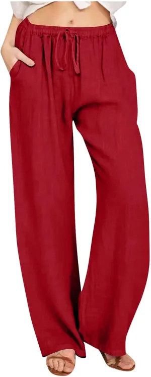 MRGIINRI Linen Pants for Women Summer 2024 Casual Drawstring Elastic Waist Long Wide Leg Pant Lounge Trousers with Pockets