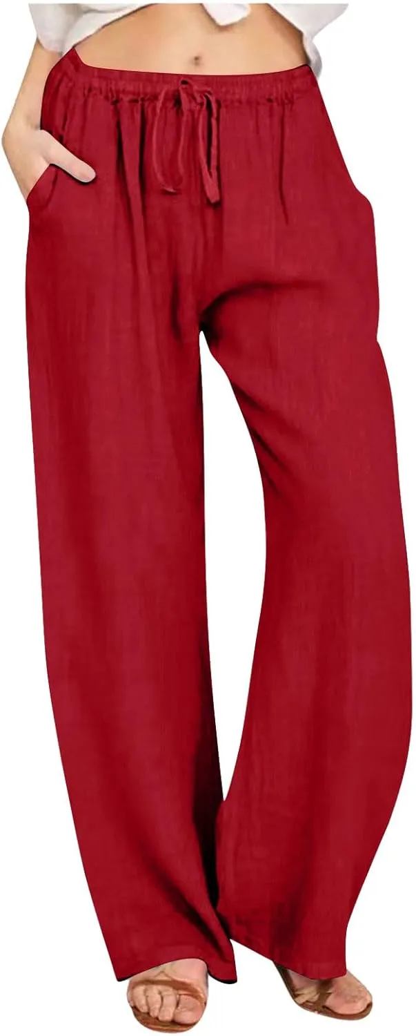 MRGIINRI Linen Pants for Women Summer 2024 Casual Drawstring Elastic Waist Long Wide Leg Pant Lounge Trousers with Pockets
