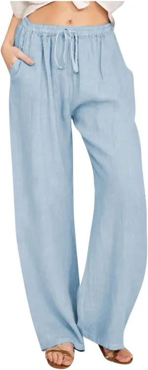 MRGIINRI Linen Pants for Women Summer 2024 Casual Drawstring Elastic Waist Long Wide Leg Pant Lounge Trousers with Pockets