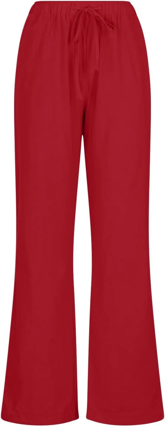 MRGIINRI Linen Pants for Women Summer 2024 Casual Drawstring Elastic Waist Long Wide Leg Pant Lounge Trousers with Pockets