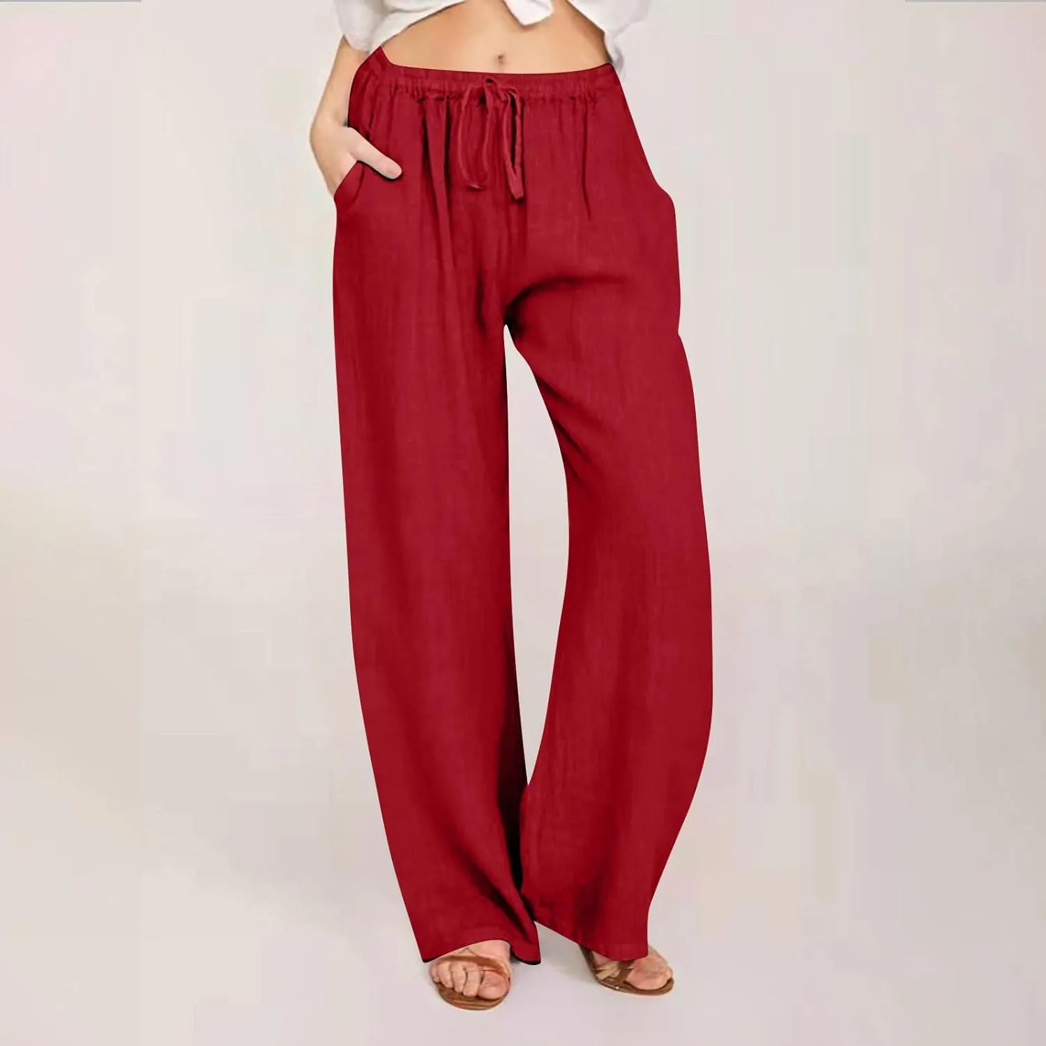MRGIINRI Linen Pants for Women Summer 2024 Casual Drawstring Elastic Waist Long Wide Leg Pant Lounge Trousers with Pockets