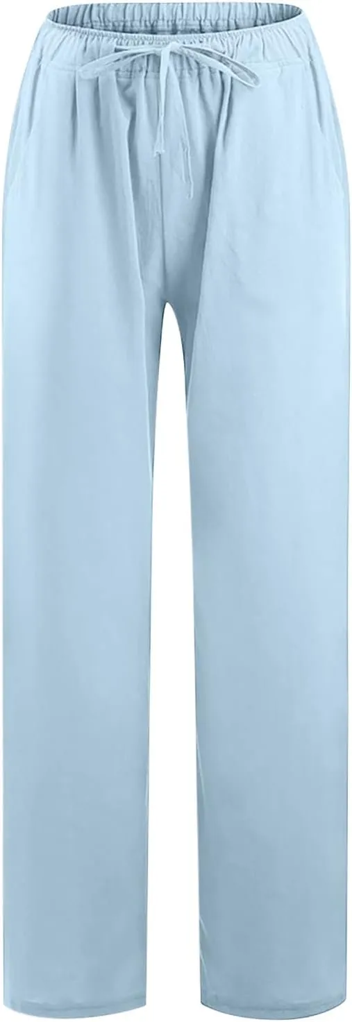 MRGIINRI Linen Pants for Women Summer 2024 Casual Drawstring Elastic Waist Long Wide Leg Pant Lounge Trousers with Pockets