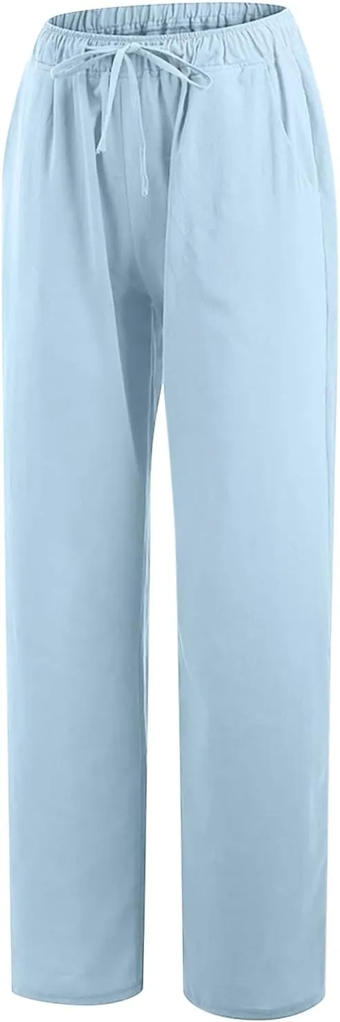 MRGIINRI Linen Pants for Women Summer 2024 Casual Drawstring Elastic Waist Long Wide Leg Pant Lounge Trousers with Pockets