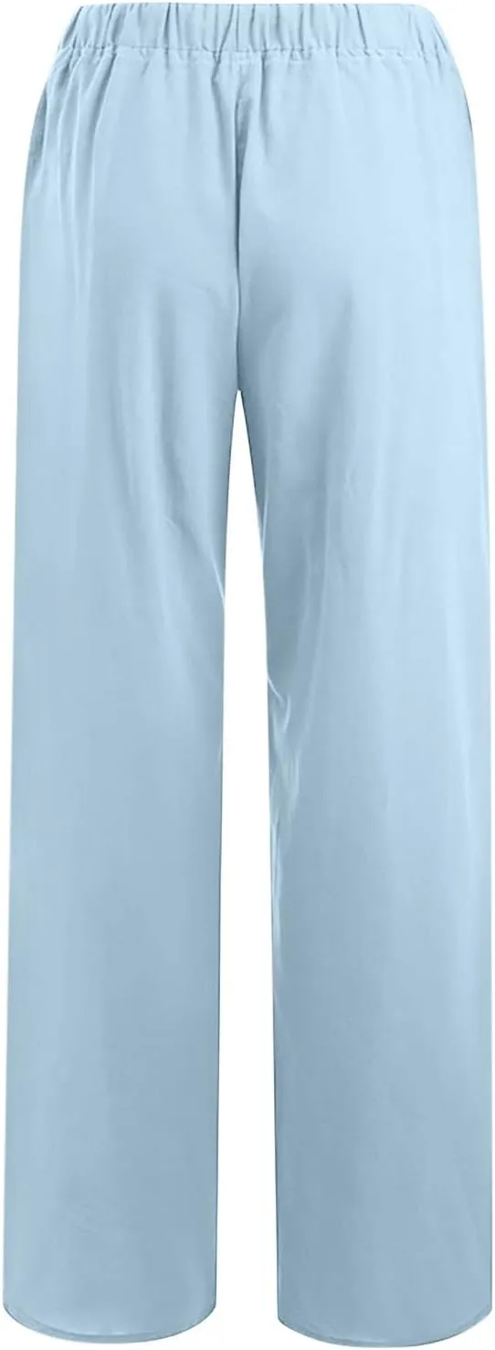 MRGIINRI Linen Pants for Women Summer 2024 Casual Drawstring Elastic Waist Long Wide Leg Pant Lounge Trousers with Pockets