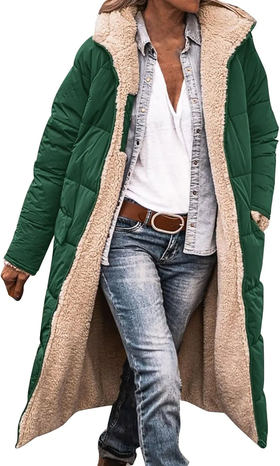 Muyise Women's Long Winter Down Coat Faux Fur Thicken Fleece Lined Parka Plus Size Warm Puffer Jacket Outerwear with Pockets