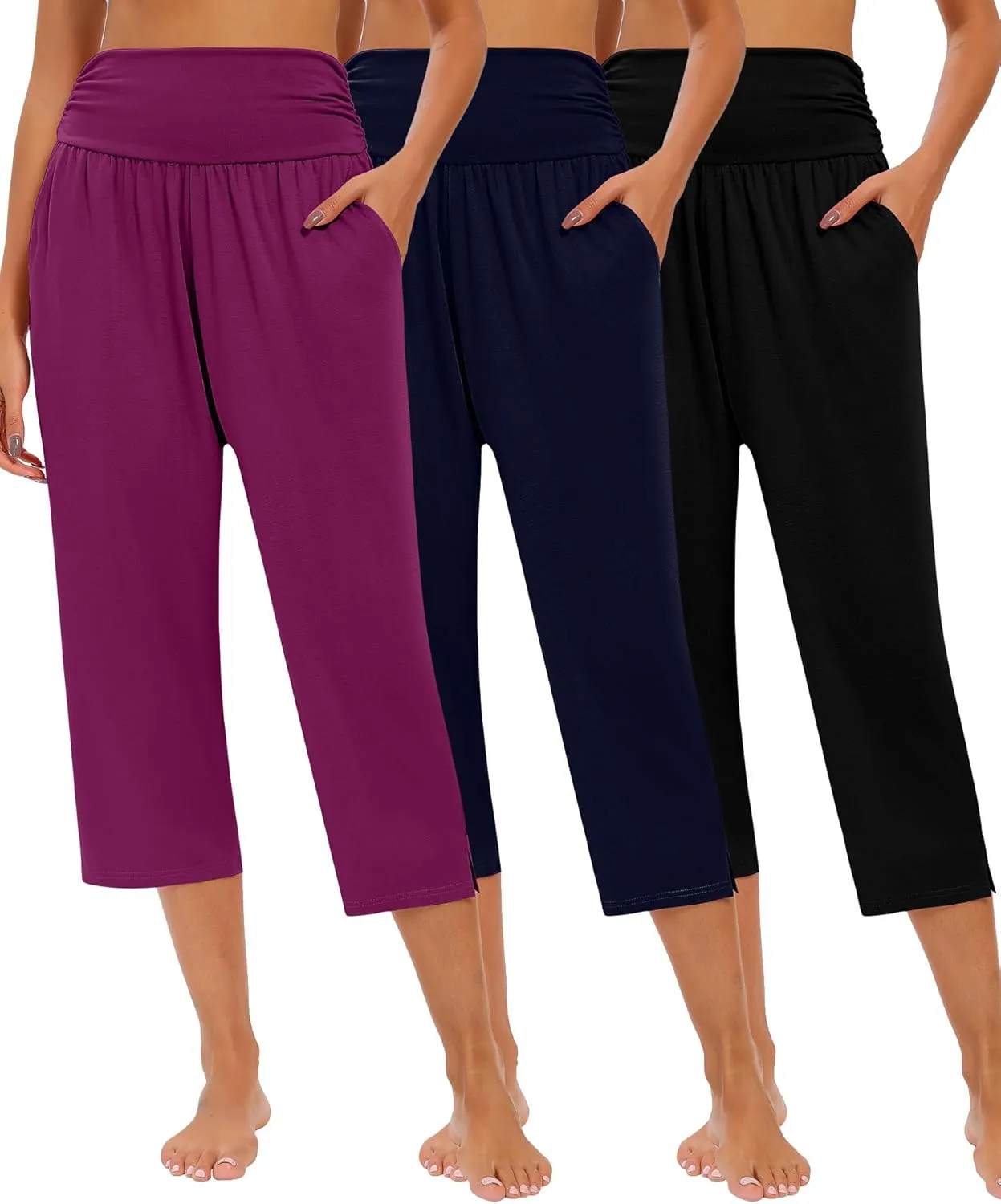 Neer 3 Pack Capri Pants for Women Casual Summer Lounge Yoga Pants Crop High Waist Loose Fit Sweatpants Pajamas with Pockets