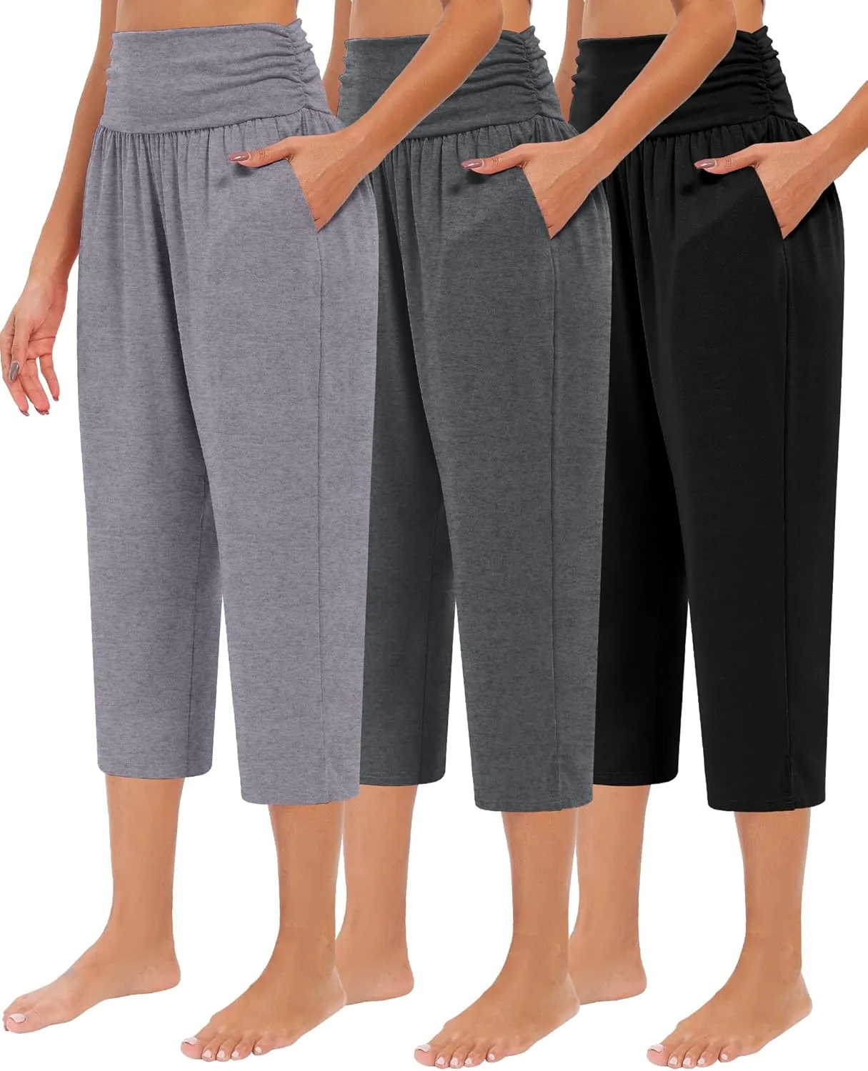 Neer 3 Pack Capri Pants for Women Casual Summer Lounge Yoga Pants Crop High Waist Loose Fit Sweatpants Pajamas with Pockets