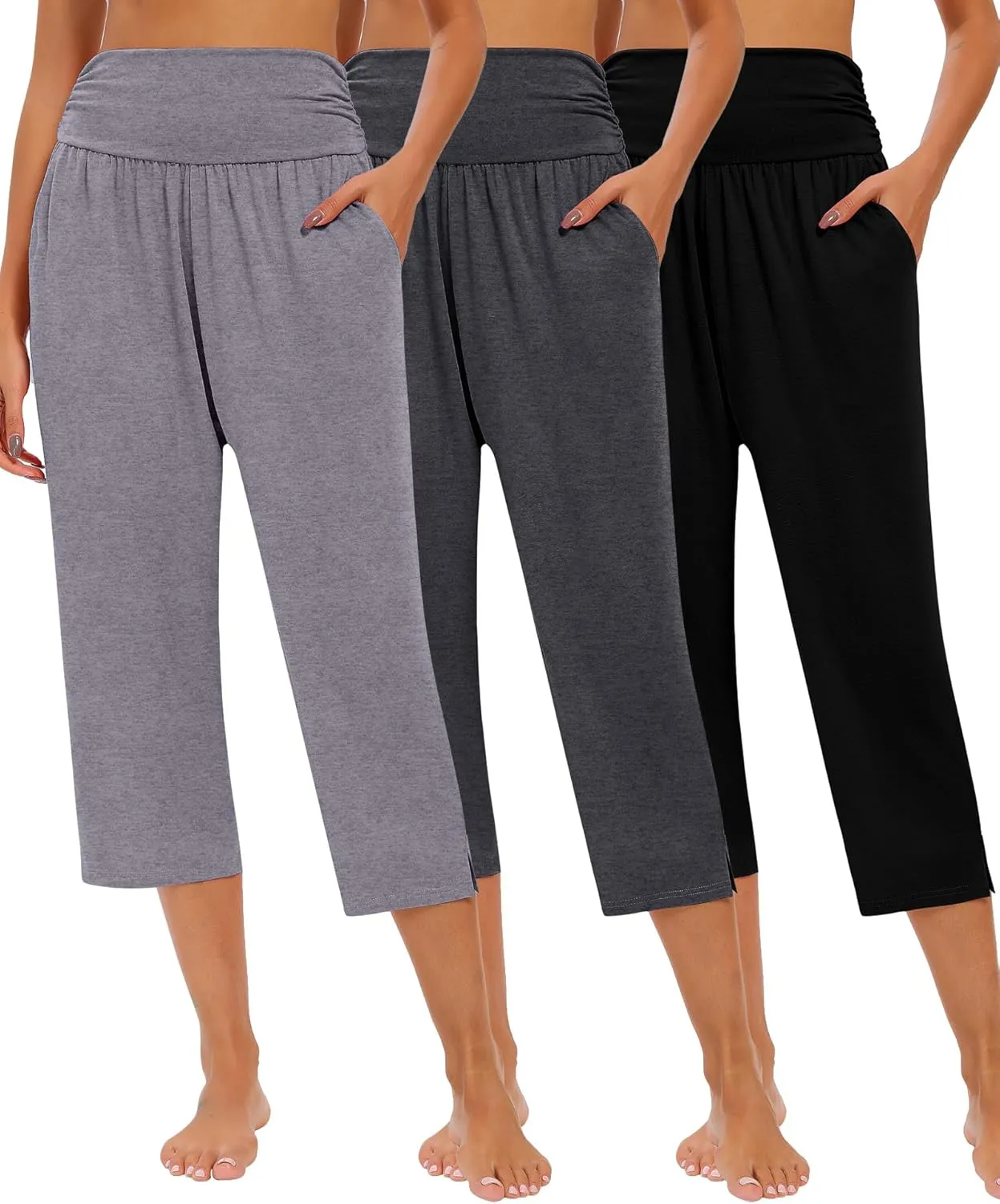 Neer 3 Pack Capri Pants for Women Casual Summer Lounge Yoga Pants Crop High Waist Loose Fit Sweatpants Pajamas with Pockets