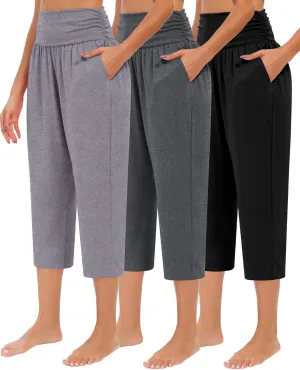 Neer 3 Pack Capri Pants for Women Casual Summer Lounge Yoga Pants Crop High Waist Loose Fit Sweatpants Pajamas with Pockets