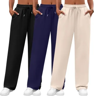 Neer 3 Pack Women's Yoga Pants with Pockets, High Waisted Cozy Lounge Pants Drawstring Sweatpants Loose Wide Leg Jogger