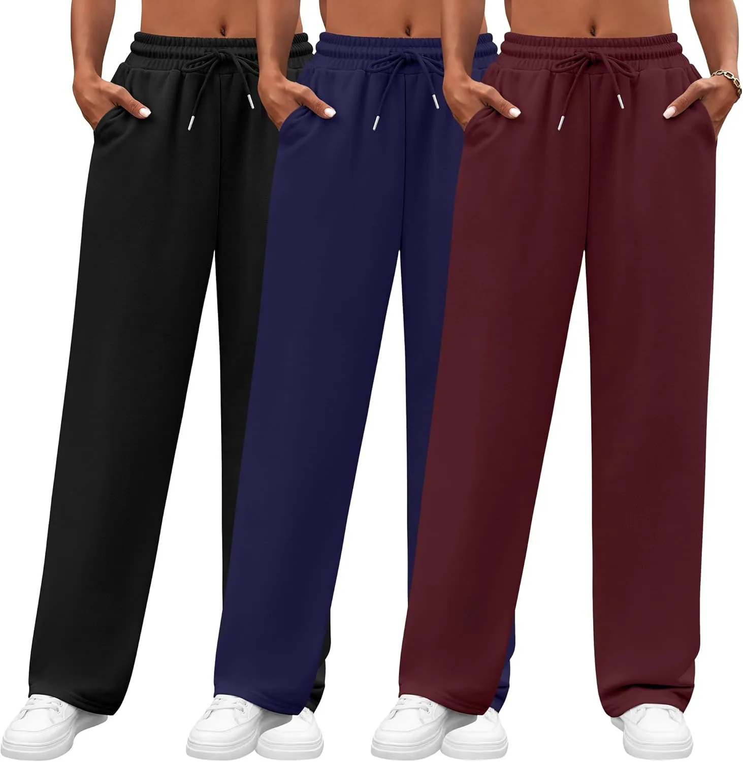 Neer 3 Pack Women's Yoga Pants with Pockets, High Waisted Cozy Lounge Pants Drawstring Sweatpants Loose Wide Leg Jogger
