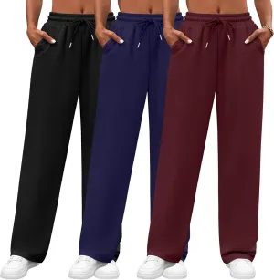 Neer 3 Pack Women's Yoga Pants with Pockets, High Waisted Cozy Lounge Pants Drawstring Sweatpants Loose Wide Leg Jogger