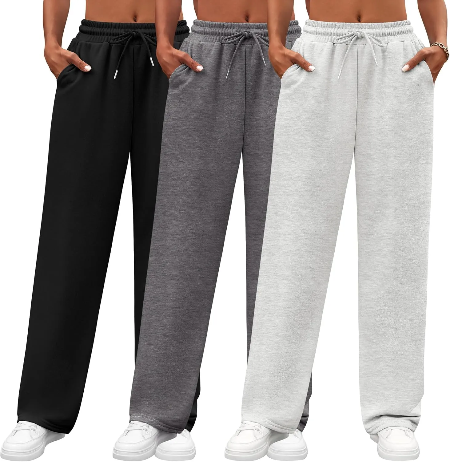 Neer 3 Pack Women's Yoga Pants with Pockets, High Waisted Cozy Lounge Pants Drawstring Sweatpants Loose Wide Leg Jogger