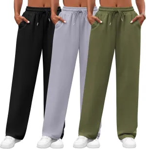 Neer 3 Pack Women's Yoga Pants with Pockets, High Waisted Cozy Lounge Pants Drawstring Sweatpants Loose Wide Leg Jogger