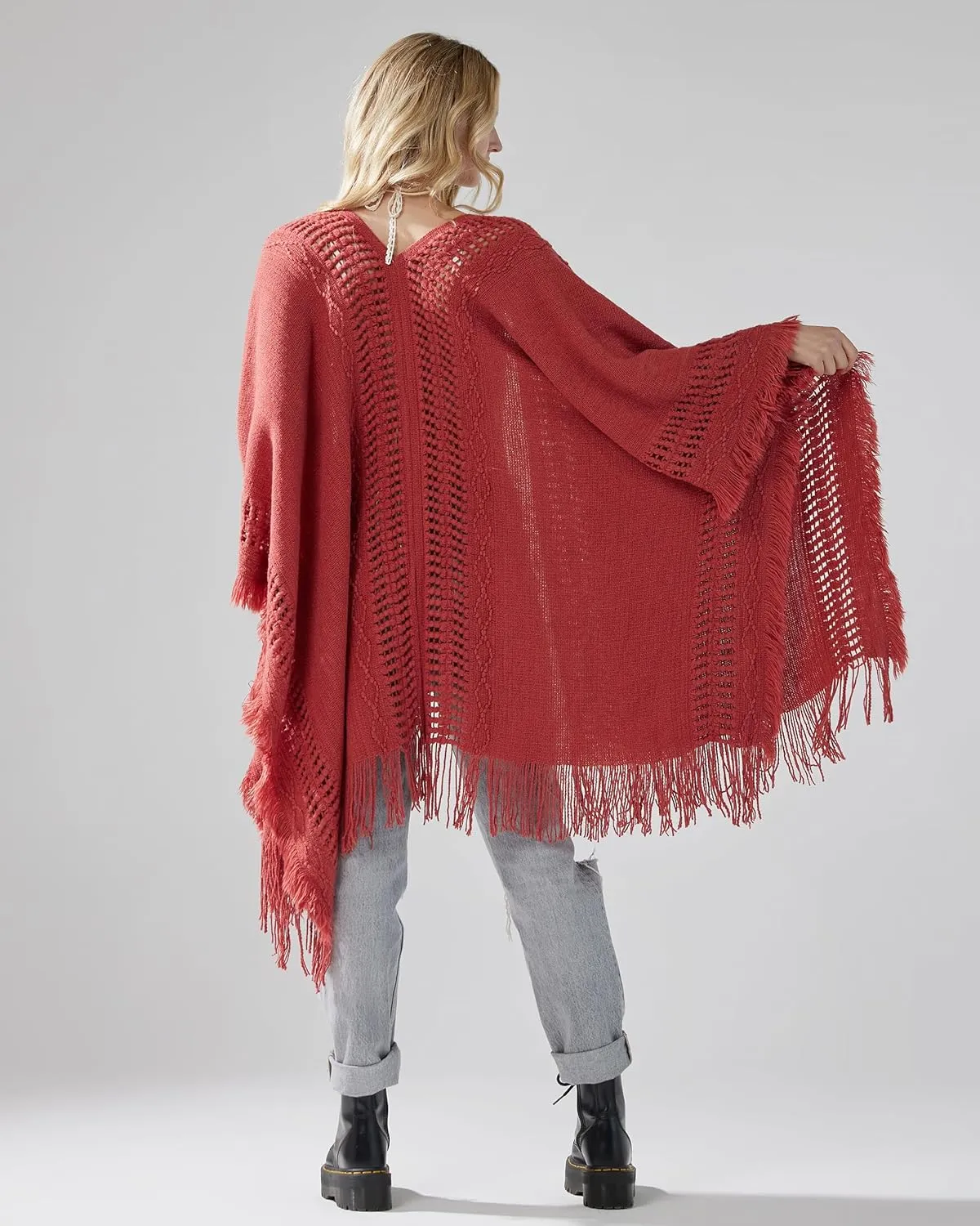 noflik Women's Boho Open Front Fringe Poncho Shawl Sweater Cardigan Long