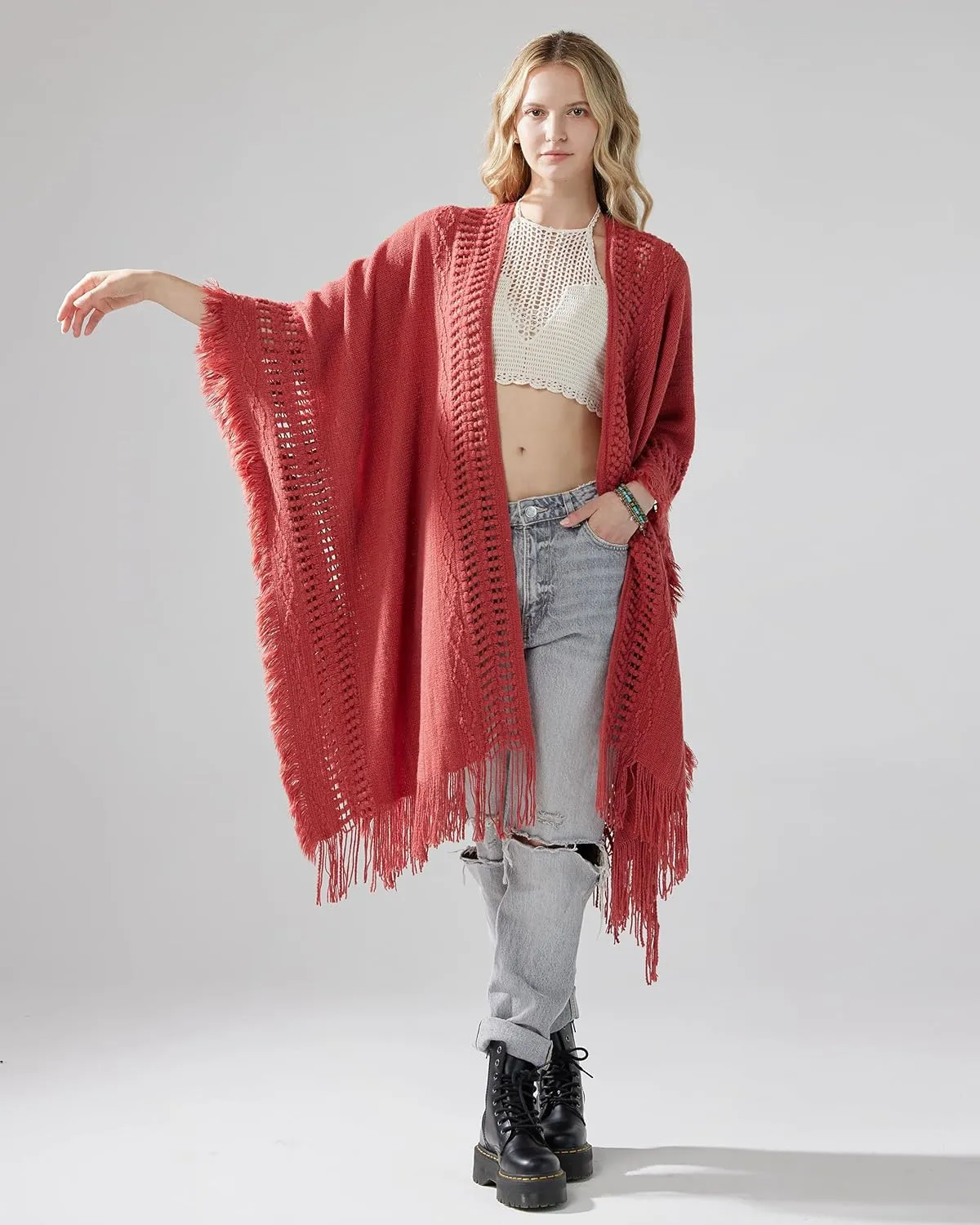 noflik Women's Boho Open Front Fringe Poncho Shawl Sweater Cardigan Long