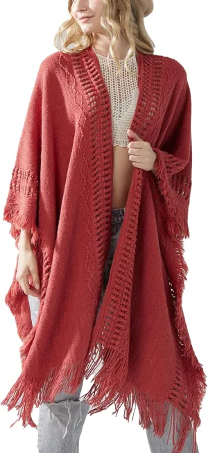 noflik Women's Boho Open Front Fringe Poncho Shawl Sweater Cardigan Long