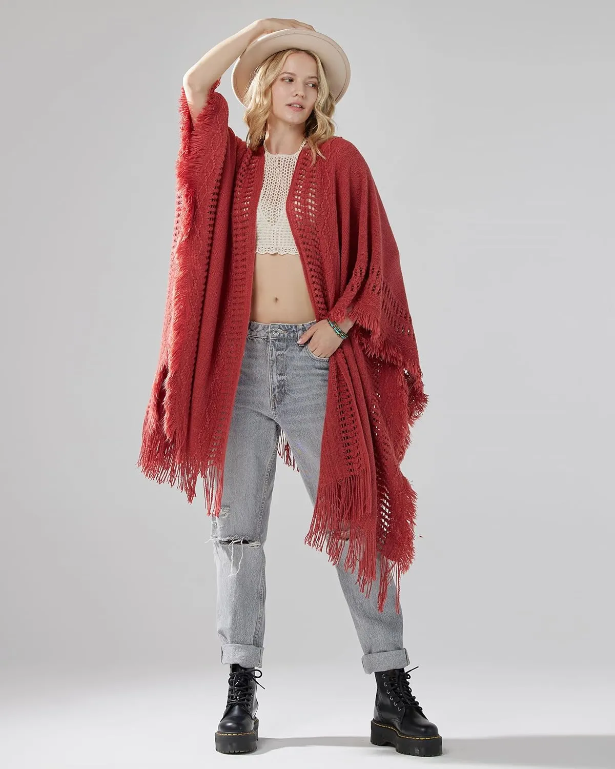 noflik Women's Boho Open Front Fringe Poncho Shawl Sweater Cardigan Long
