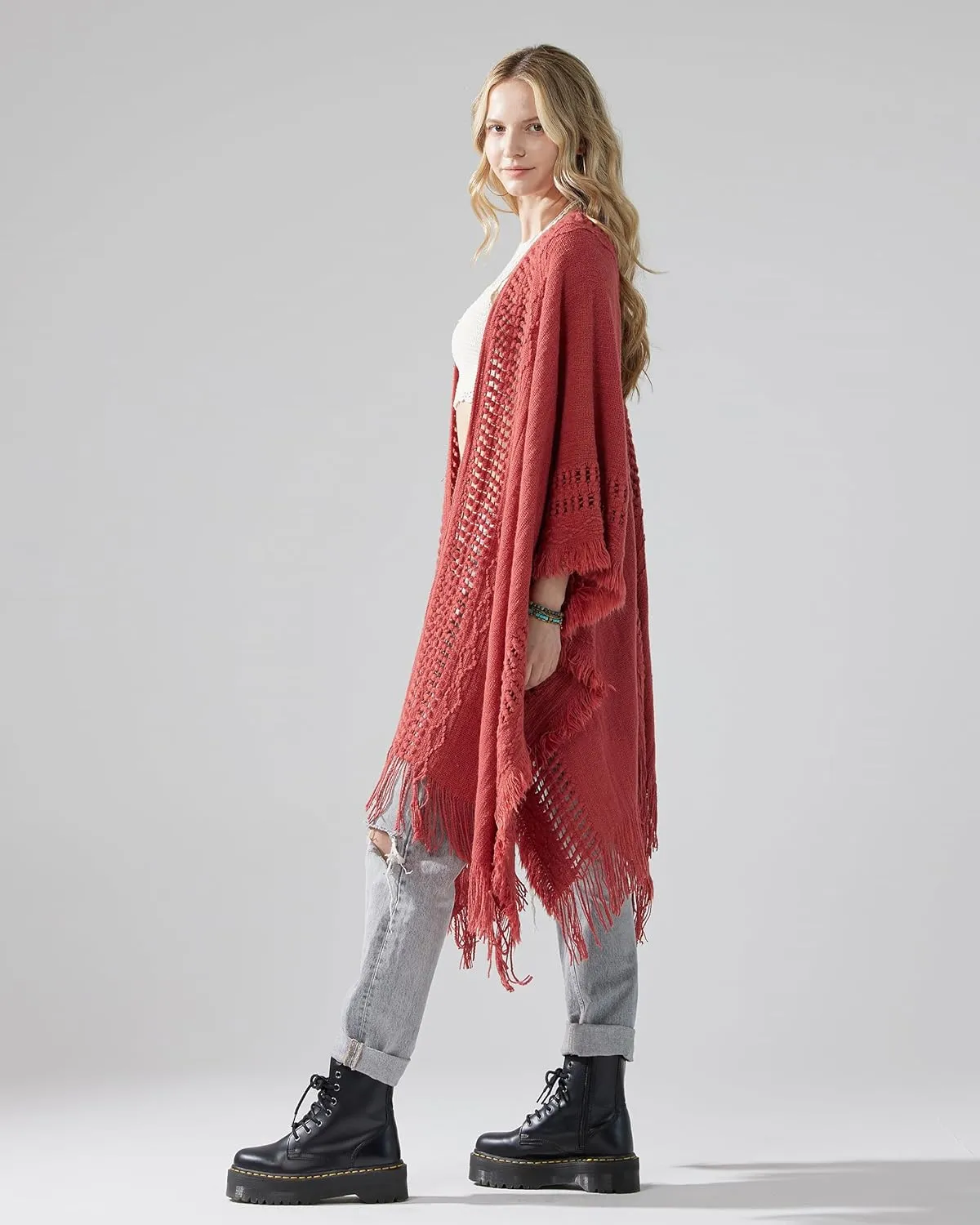 noflik Women's Boho Open Front Fringe Poncho Shawl Sweater Cardigan Long