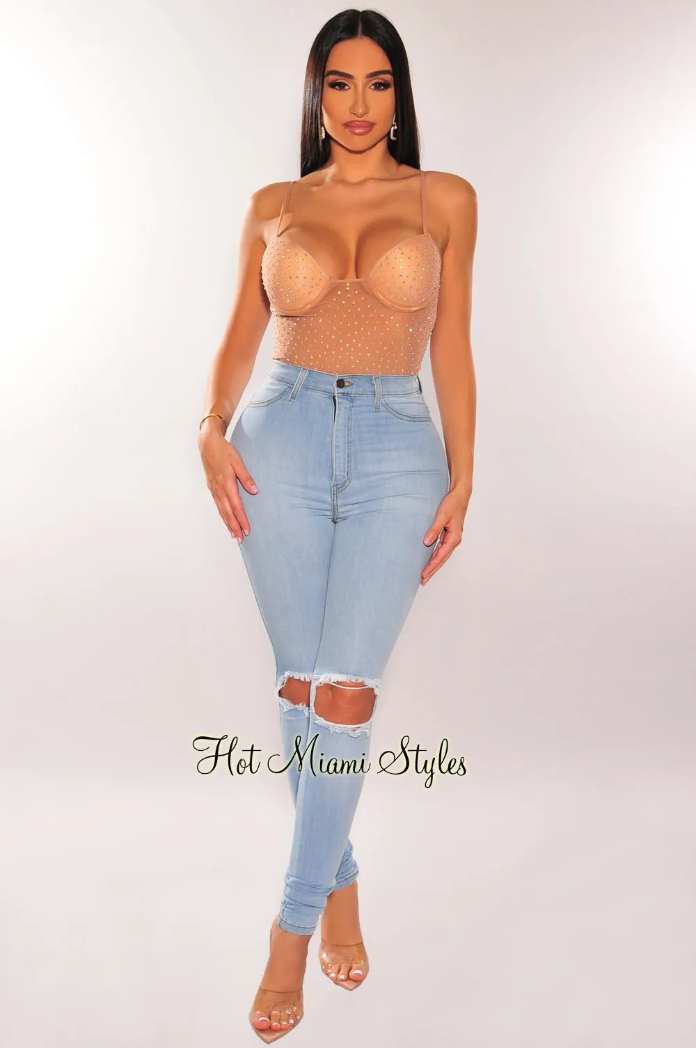 Nude Mesh Rhinestone Embellished Spaghetti Strap Padded Underwire High Cut Bodysuit