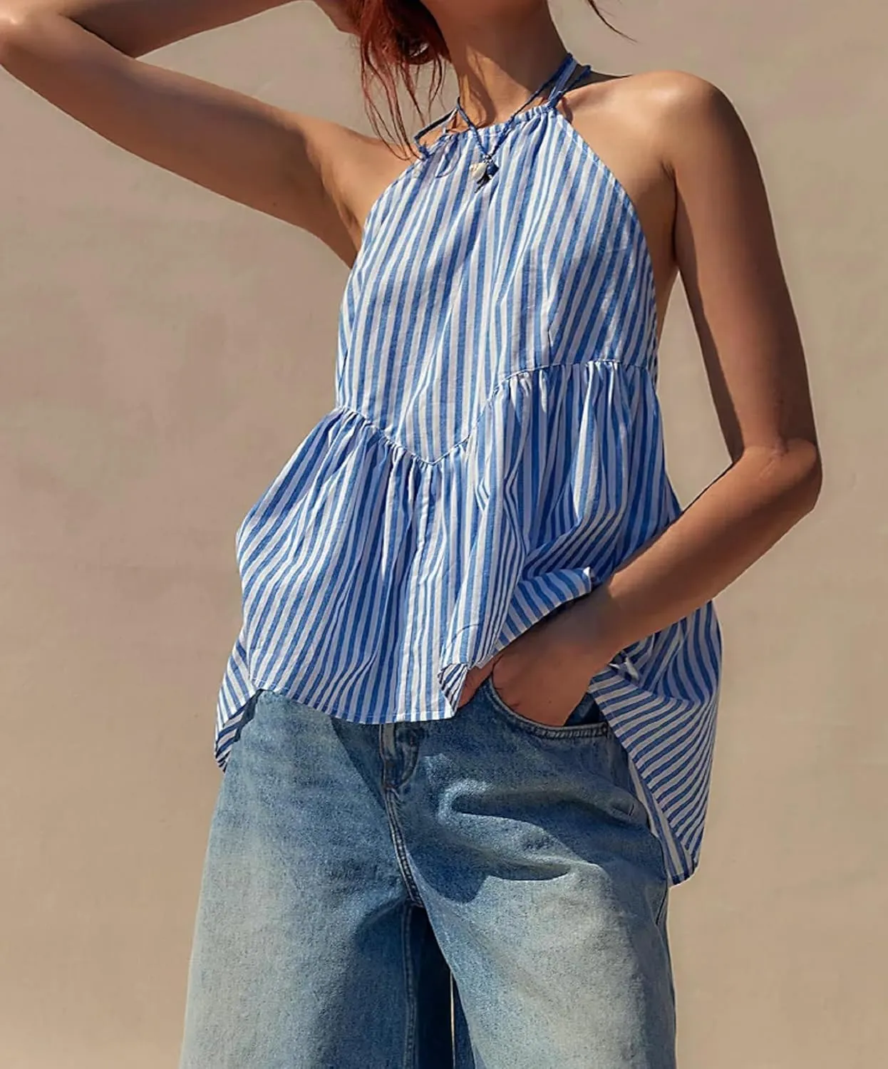 NUFIWI Sexy Stripe Peplum Halter Top Sleeveless Open Back Striped Camisole Tie Neck Ruffled A Line Cami Tank Tops