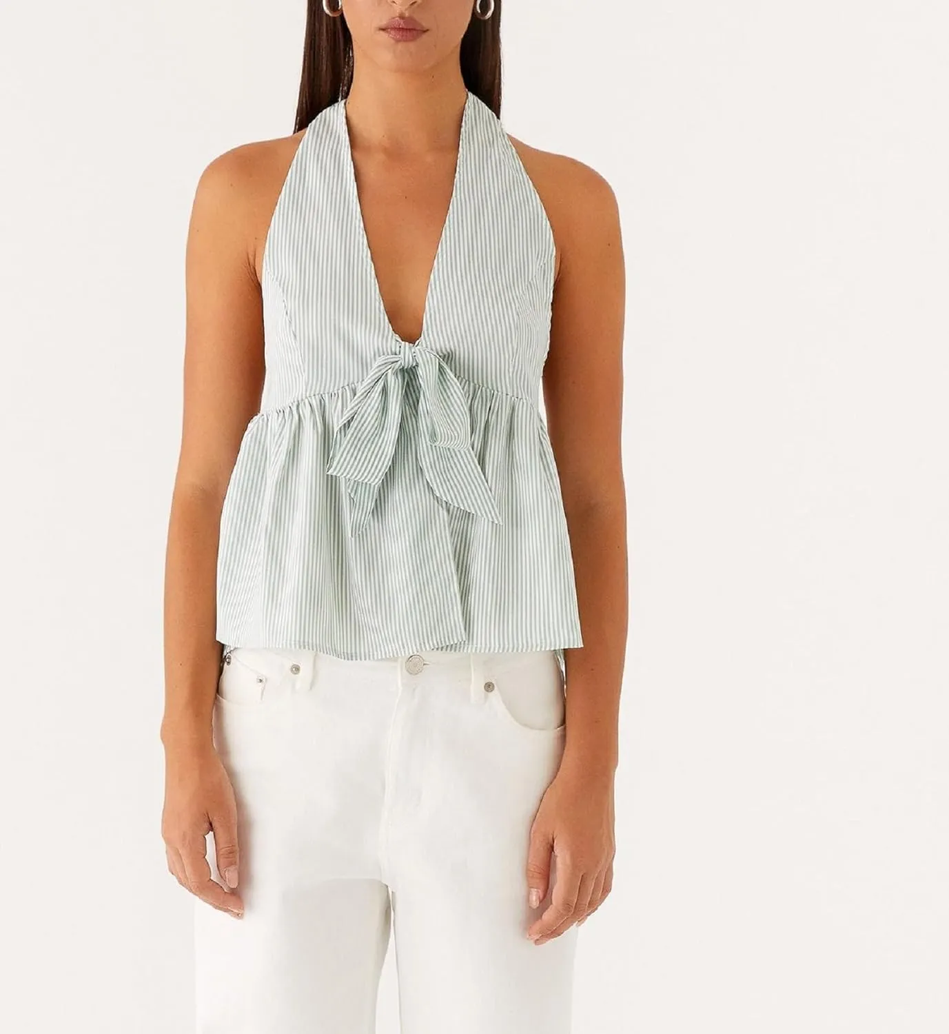 NUFIWI Sexy Stripe Peplum Halter Top Sleeveless Open Back Striped Camisole Tie Neck Ruffled A Line Cami Tank Tops
